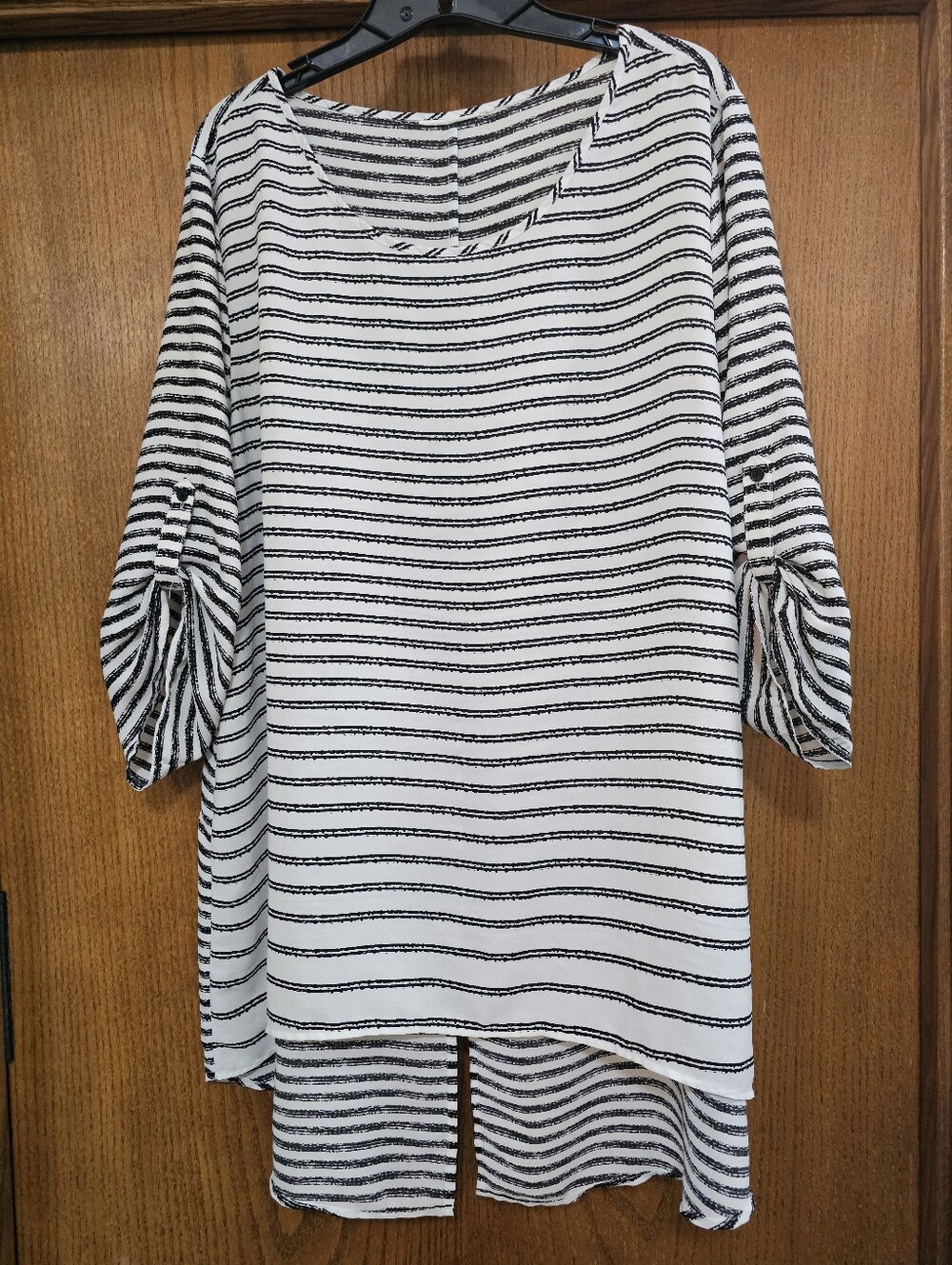 Chicos Womens White Black Striped Blouse Tunic Top Hi Lo Size XXL